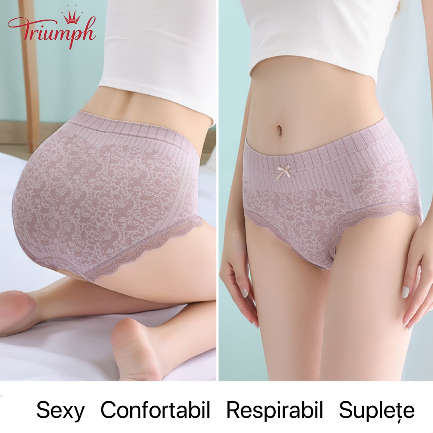 Triumph - Transport Gratuit，4 Perechi de Chiloți Confortabili și Respirabili cu Talie înaltă，Bordura din dantela