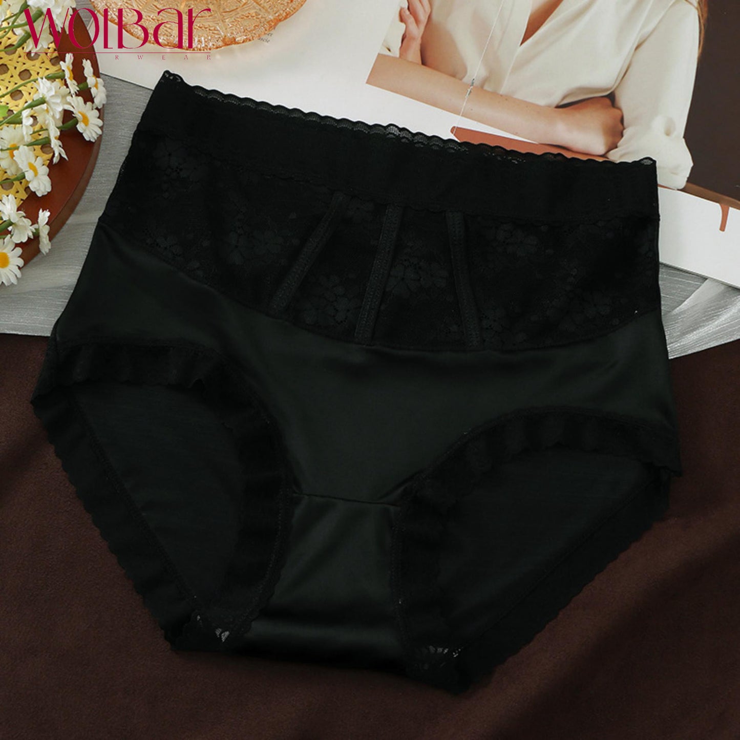 WolBar Chiloți de Dantelă de Damă - Set de 4，Căptușeală din Bumbac，45-90 kg și Peste