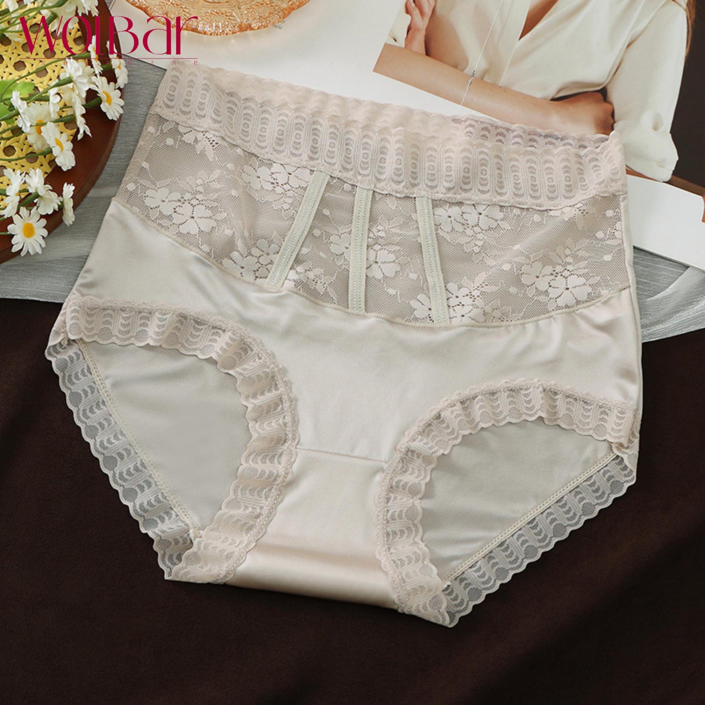 WolBar Chiloți de Dantelă de Damă - Set de 4，Căptușeală din Bumbac，45-90 kg și Peste