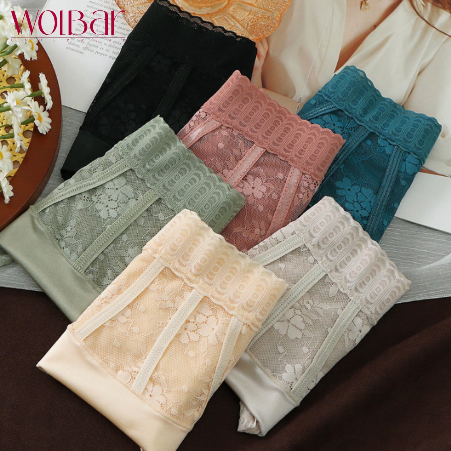 WolBar Chiloți de Dantelă de Damă - Set de 4，Căptușeală din Bumbac，45-90 kg și Peste